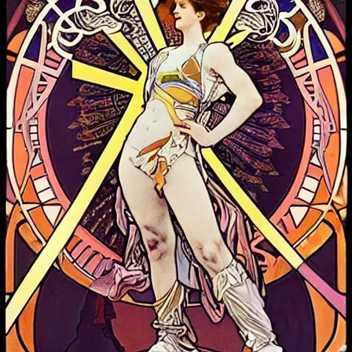 Image similar to A Nike Goddess of Victory with wings and wearing Nike leggings by Alphonse Mucha and Yoji Shinkawa in the syle of Art Noveau