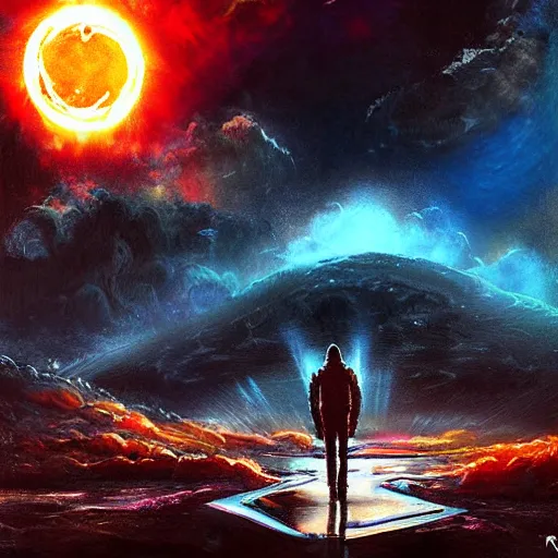Image similar to nuclear blast moon eclipse sci-fi wet brush poster art neo-primitivism painting of surreal beauitiful Hardstyle DJ, by Ross Tran, highly detailed, hyperrealism, excellent composition, cinematic concept art, dramatic lighting, abstract water color paiting strokes hyper realistic, soft light, 8k