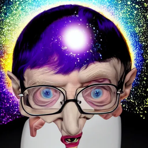 Image similar to Stephen Hawking with silver-violet hair, white eyes and golden glittery dress, wide lens, diorama, 4k,