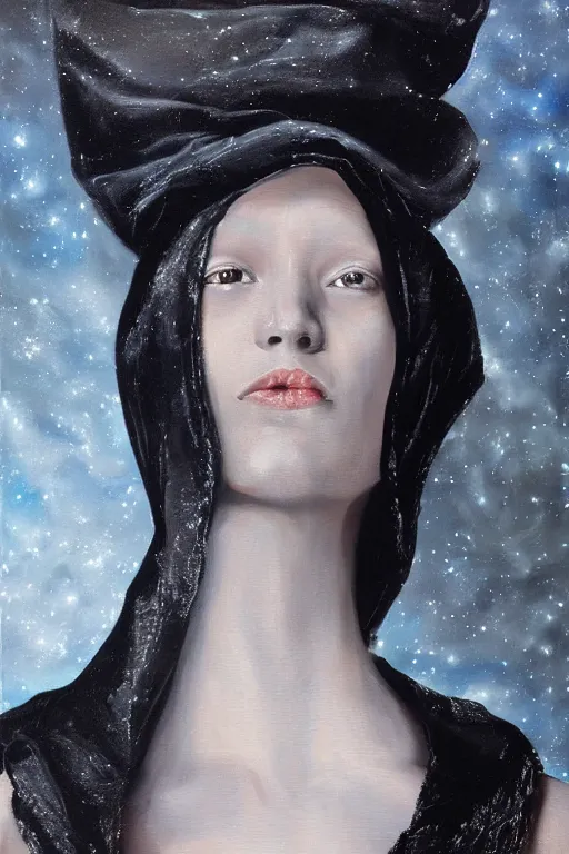 Image similar to hyperrealism oil painting, close - up portrait of albino medieval fashion model, black silk, steel gradient mixed with nebula sky, in style of baroque