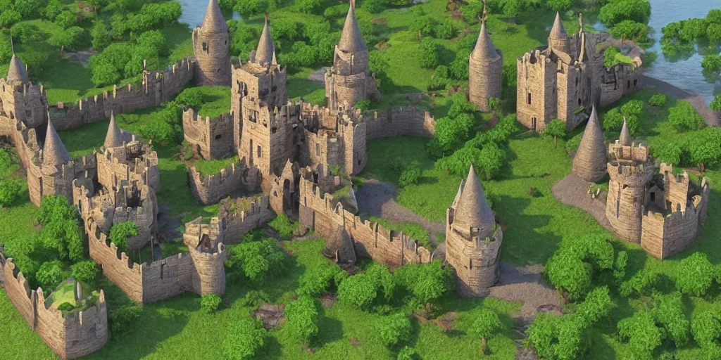 Prompt: medieval castle in a jungle with towers and moat, 3 d, isometric, poly detail