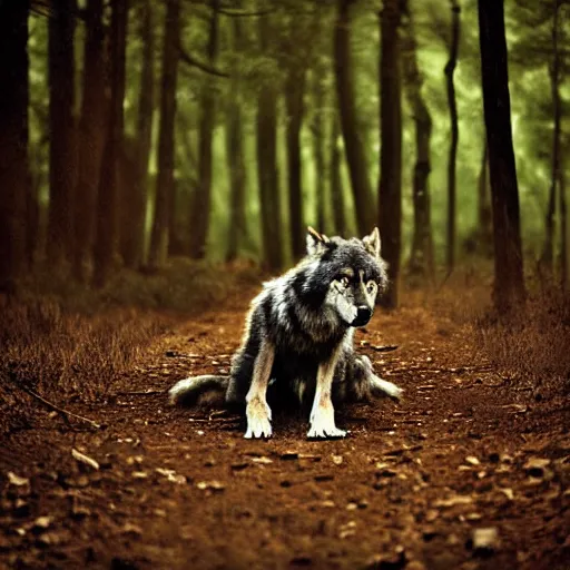 Image similar to werewolf, photograph captured in a forest