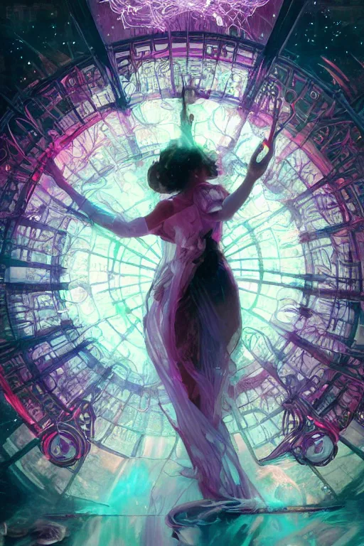 Prompt: she dreams of arcs of purple flame intertwined with glowing sparks, glinting particles of ice, dramatic lighting, steampunk, bright neon, secret holographic cyphers, red flowers, solar flares, high contrast, smooth, sharp focus, art nouveau, painting by ruan jia and greg rutkowski and Alphonse Mucha