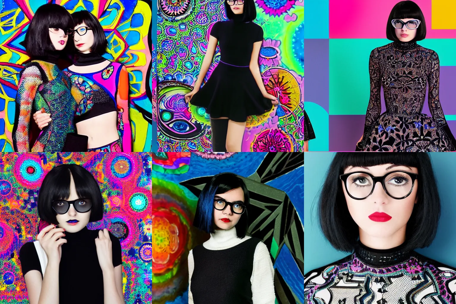 Prompt: moscoso short black asymetrical long bob haircut and round thin delicate blue frame glasses white teen girl, black turtleneck lace dress, in a colorful and bright trippy dmt room.