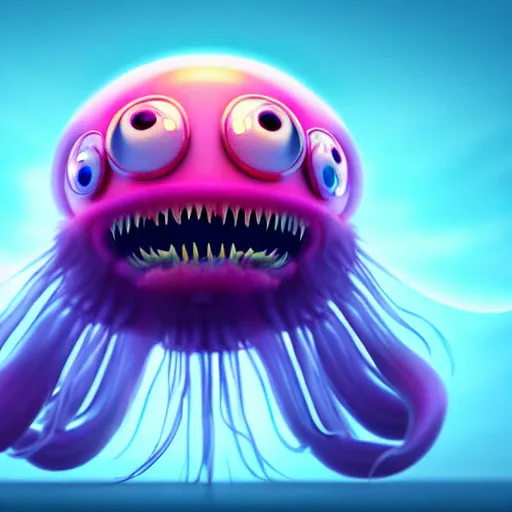 Image similar to a beautiful extreme wide photograph of a super cute jellyfish monster with huge sad eyes and sharp fangs in a wide open mouth, highly detailed, smooth, very very clean, 8 k, cinematic movie photograph, cinematic lighting, octane render, zbrush central contest winner, 3 d maya render