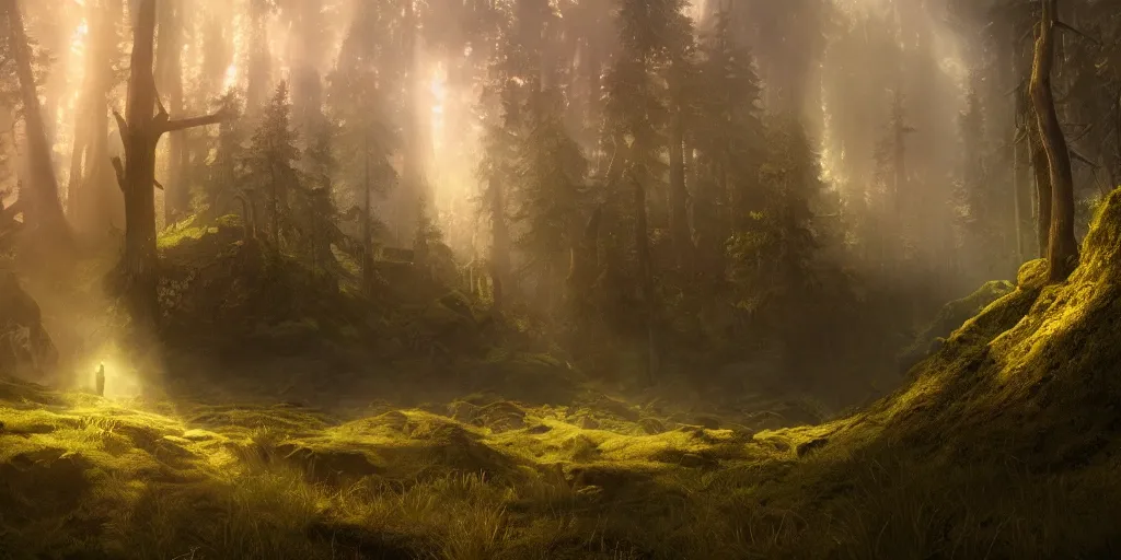 Prompt: epic fantasy landscape in a forest, hyper mystical, filmic, cinematic, cinematic lighting, fog, god rays, volumetric lighting