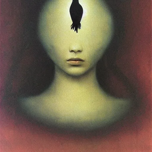 Image similar to young girl with a crow's head , painting by Beksinski