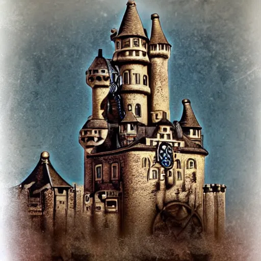 Image similar to steam punk castle in the style of martin bailly