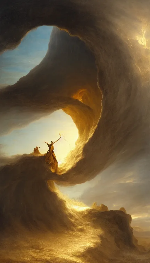 Image similar to a glowing magical portal inside a big wave made of sand fantasy desert, portal, a man watching over, lightning, arabia, by caspar david friedrich by james gillard and justin gerard, artstation, smooth, sharp focus, by jean baptiste, bernardo bellotto