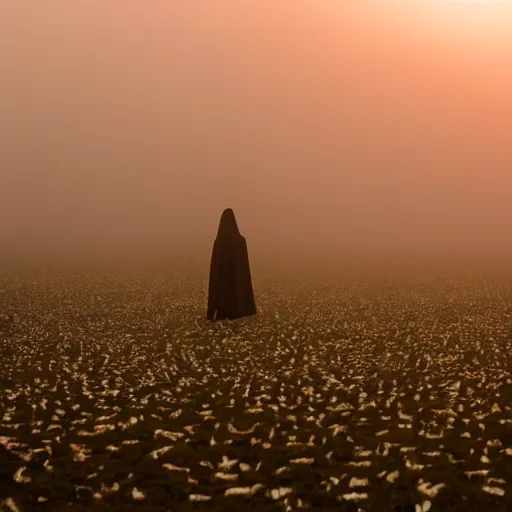 Prompt: a field of tiny bones with a gigantic ghostly grim reaper walking in the horizon, in a sunset haze, foggy, photographic