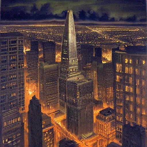 Image similar to photorealistc painting of a nightmarish boston downtown skyline in 1 9 2 5 at night with a horrifying sky, aerial view, dark, brooding, night, atmospheric, horror, cosmic, ultra - realistic, smooth, highly detailed by dave dorman