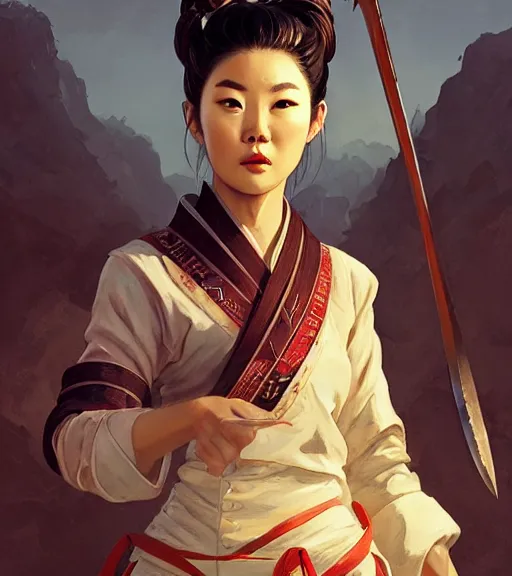 Image similar to a portrait of arden cho chef character in a scenic korean city environment by marco bucci and greg rutkowski and frank frazetta, sharp focus, detailed, cinematic, hanbok, ornate korean polearm behind her