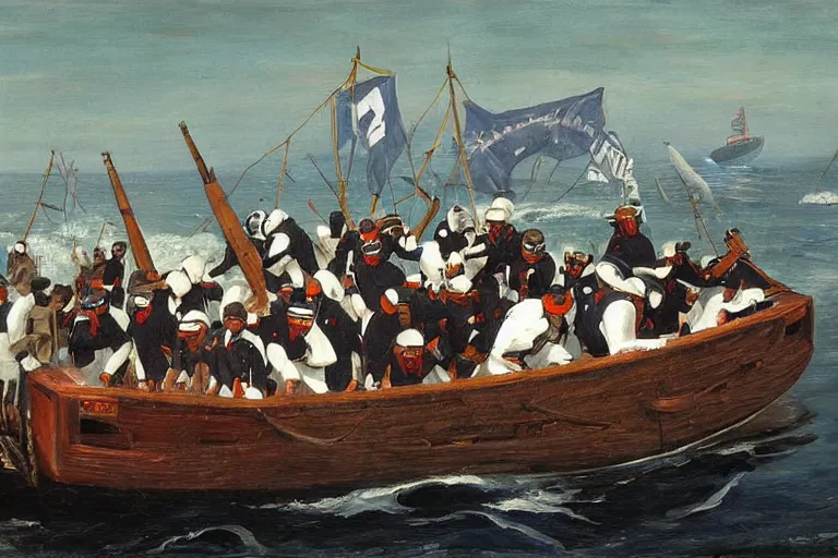 Prompt: whaling boat filled with nfl football players in helmets and pads, american school, whaling painting, robert wyland