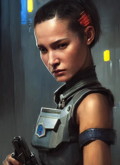Prompt: brazilian chun li. cyberpunk police trooper in a military vest ( blade runner 2 0 4 9, cyberpunk 2 0 7 7 ). orientalist portrait by john william waterhouse and james gurney and theodore ralli and nasreddine dinet, oil on canvas. cinematic, hyper realism, realistic proportions, dramatic lighting, high detail 4 k