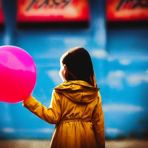 Image similar to a girl holding a balloon at a fairground. buildings with graffiti in the background. silhouette. photograph in the style of simon stalenhag