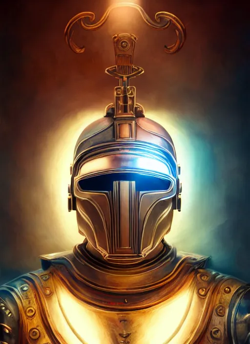 Image similar to the pale blond sun god apollo smirking, imperial centurion helmet, full body shot, steampunk, glowing eyes, volumetric lights, red and cyan theme, art nouveau botanicals, intricate, highly detailed, digital painting, artstation, concept art, smooth, sharp focus, cinematic, illustration, beautiful face, art by artgerm and greg rutkowski and alphonse mucha