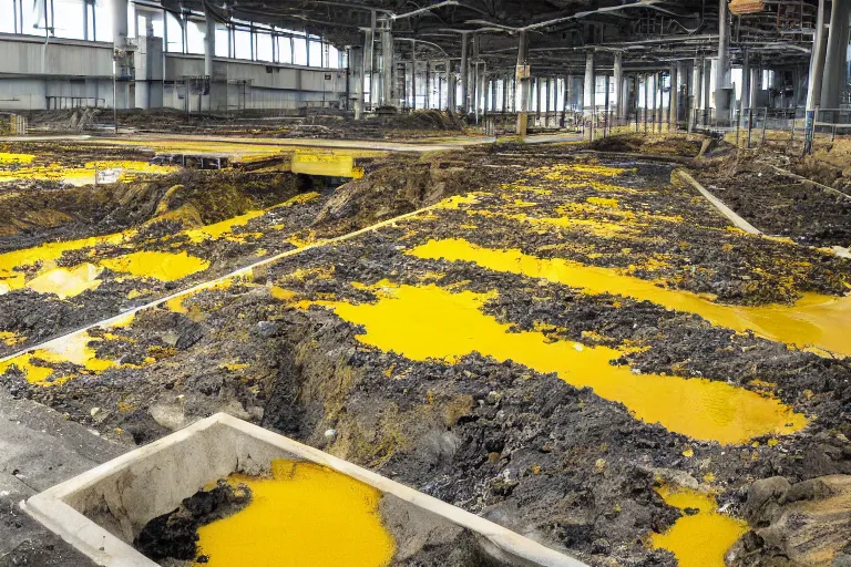 Image similar to photo of a waste facility, catwalks and yellow pools of sludge