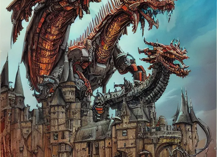 Image similar to intricate fantasy comic book drawing of a giant mechanical dragon over a castle by dariusz zawadski and simon stalenhag, simon bisley, jack kirby and gris grimly, cinematic, epic, awesome color palette