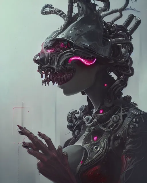 Image similar to portrait of a nightmarish cybernetic Queen of hell, cyberpunk concept art by Peter Mohrbacher and seb mckinnon and Beksiński and FrancisBacon, digital art, highly detailed, intricate, sci-fi, sharp focus, Trending on Artstation HQ, deviantart, unreal engine 5, 4K UHD image