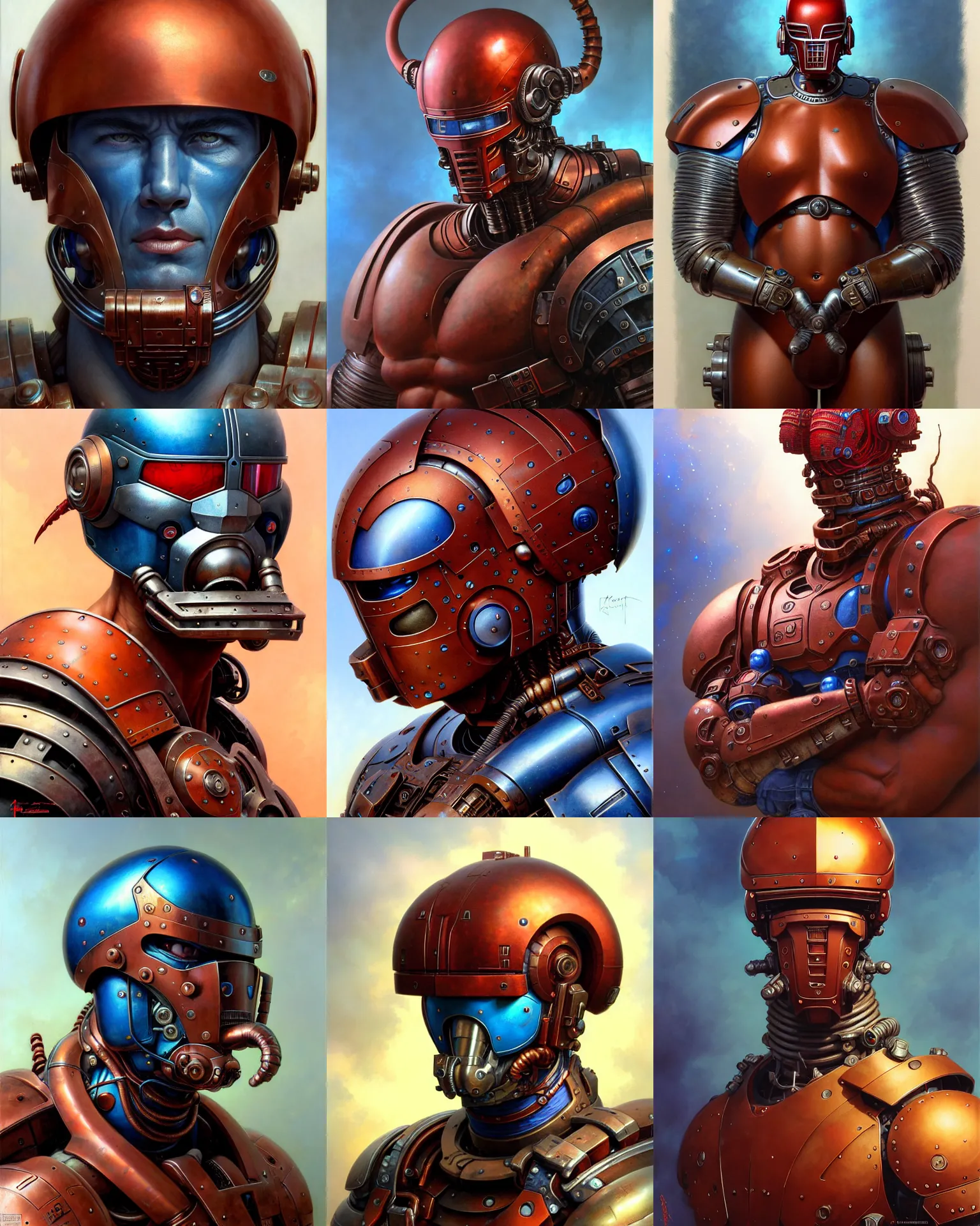 Prompt: solid thick super muscly male portrait, rusty red helmet, large metal jaw, blue skin, ultra realistic, intricate details, the fifth element artifacts, highly detailed by peter mohrbacher, allen williams, hajime sorayama, wayne barlowe, boris vallejo, aaron horkey, gaston bussiere, craig mullins