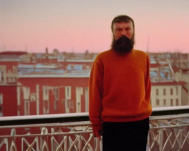 Image similar to lomographic tarkovsky film still of 4 0 years russian man with beard and sweater standing on small hrushevka 9 th floor balcony in taiga looking at sunset, perfect faces, cinestill, bokeh