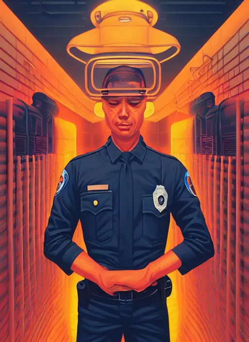 Prompt: burning police officer in sci fi prison, tristan eaton, victo ngai, artgerm, rhads, ross draws