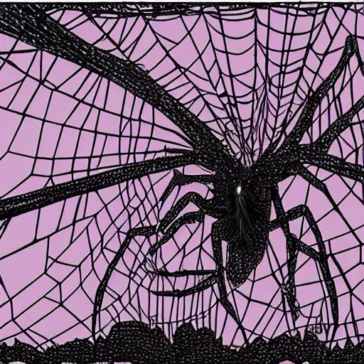 Image similar to emma watson hanging from and trapped in a giant spider web, cartoon