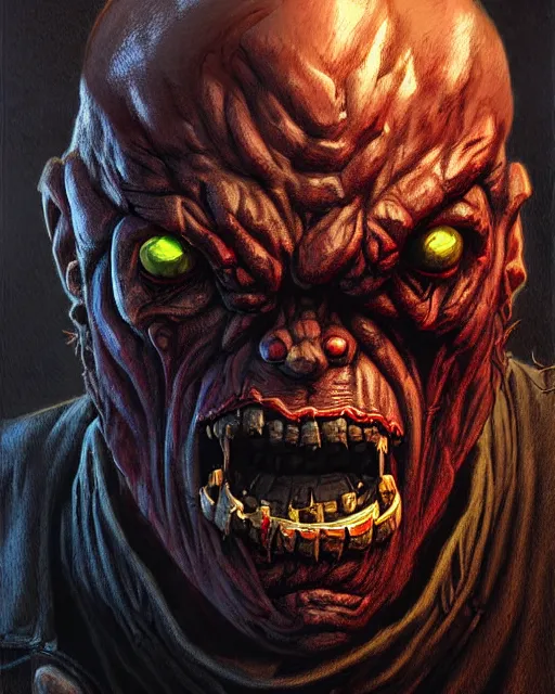 Image similar to doomfist from overwatch, rage, evil zombie, character portrait, portrait, close up, concept art, intricate details, highly detailed, horror poster, horror, vintage horror art, realistic, terrifying, in the style of michael whelan, beksinski, and gustave dore