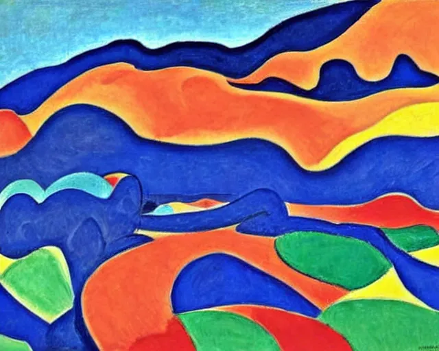 Image similar to Matisse landscape painting. Insane, modernist. Wild energy patterns rippling in all directions. Curves, organic, zig-zags. Saturated color. Mountains. Clouds. Waves. Rushing rivers.