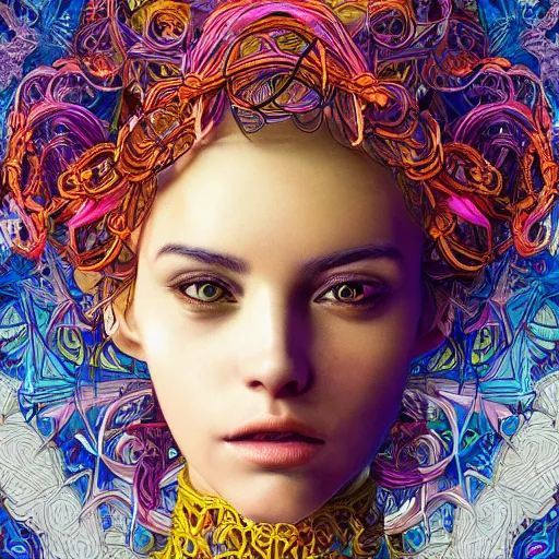 Prompt: the portrait of a ridiculously beautiful and elegant european woman partially made of onion rings of all colors, an ultrafine detailed illustration by james jean, final fantasy, intricate linework, bright colors, behance contest winner, vanitas, angular, altermodern, unreal engine 5 highly rendered, global illumination, radiant light, detailed and intricate environment