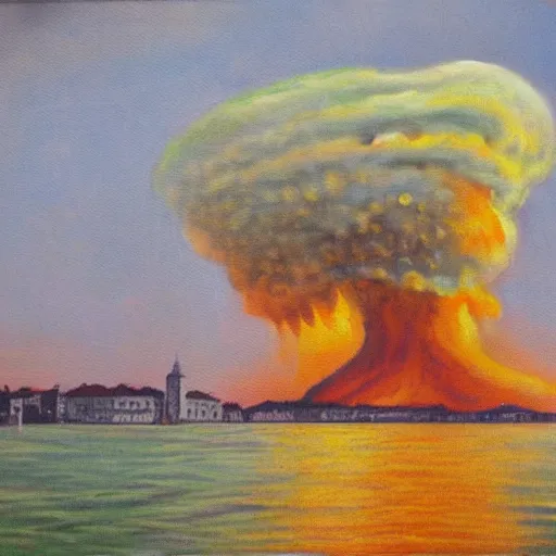 Image similar to a 1 8 th painting of a nuclear explosion in venice