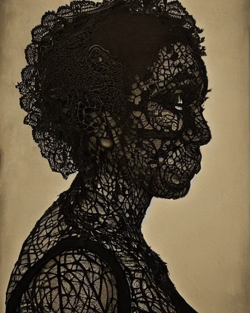 Prompt: a black woman's face in profile, made of intricate lace skeleton, in the style of the dutch masters and gregory crewdson, dark and moody
