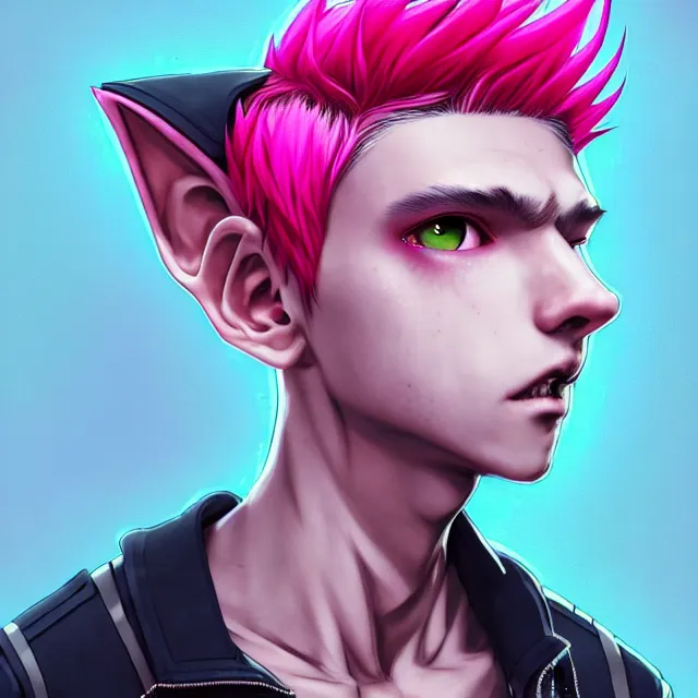 Image similar to character concept art of a cyberpunk boy with pink hair and pink wolf ears and freckles | | cute - fine - face, pretty face, key visual, realistic shaded perfect face, fine details by stanley artgerm lau, wlop, rossdraws, james jean, andrei riabovitchev, marc simonetti, and sakimichan, trending on artstation