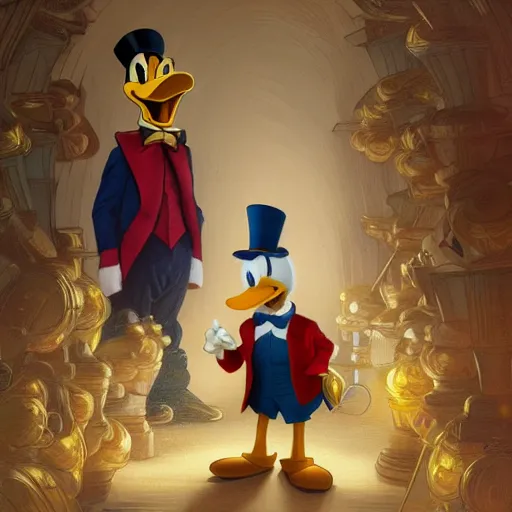 Image similar to Donald Duck meets Scrooge McDuck inside a room filled with gold pieces. Donald Duck wears a sailor suit and Scrooge McDuck wears a redingote and a top hat. Elegant, intricate, digital painting, artstation, concept art, smooth, sharp focus, illustration, art by artgerm and greg rutkowski and alphonse mucha