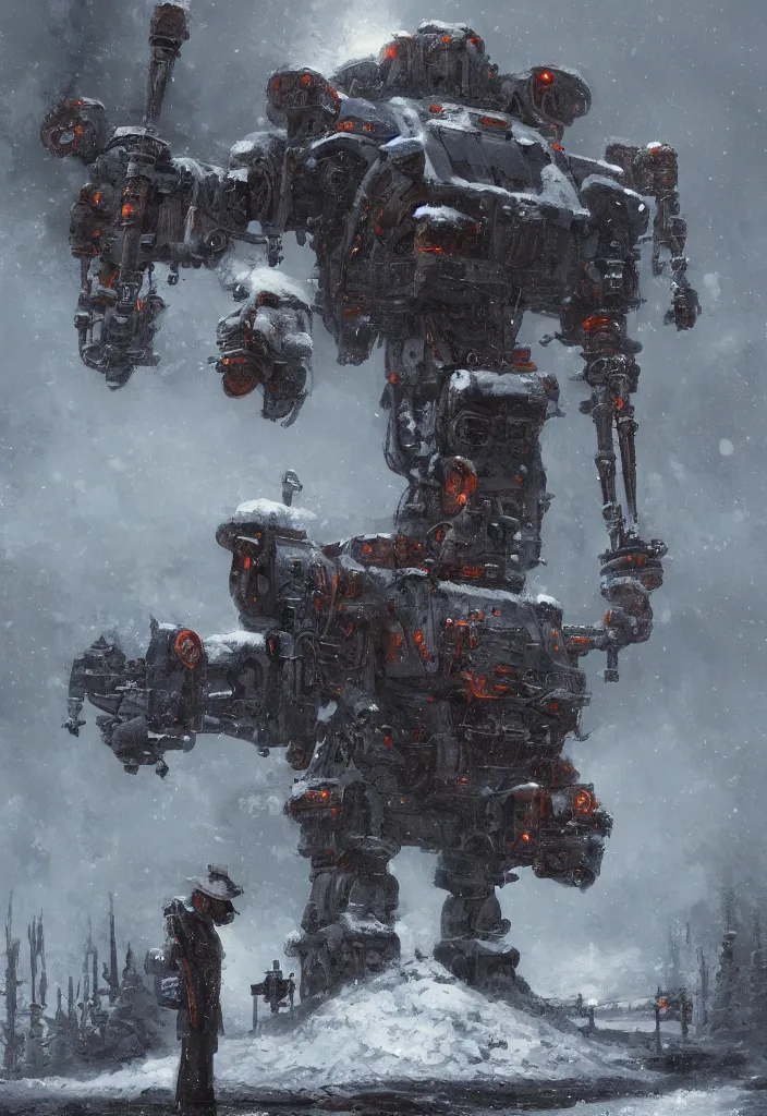 Image similar to a 1914, walking steam rusty mecha in the snow, Rozalski, trending on artstation