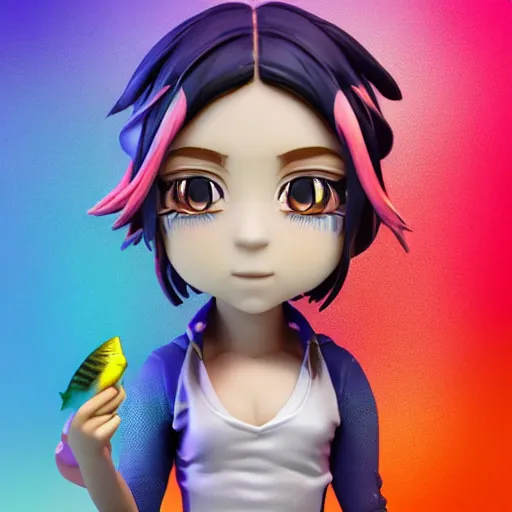 Image similar to a digital painting of a girl with a fish on her head, chibi, by antonio mello, 3 d nft, nendoroid 3 d, cyberpunk artm, cgsociety, seapunk, anime aesthetic, rendered in maya