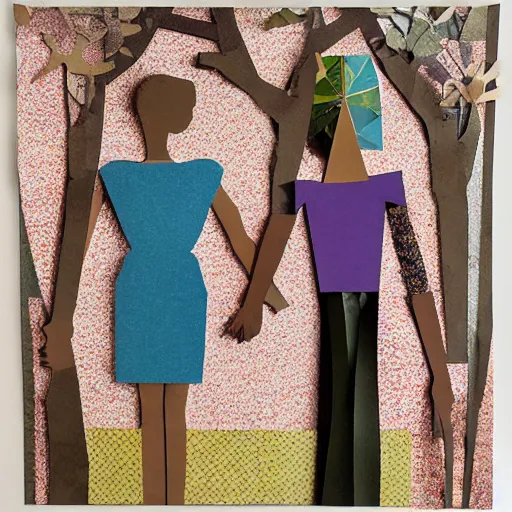 Prompt: paper collage art made of cut up magazines depicting two women holding hands in a forest