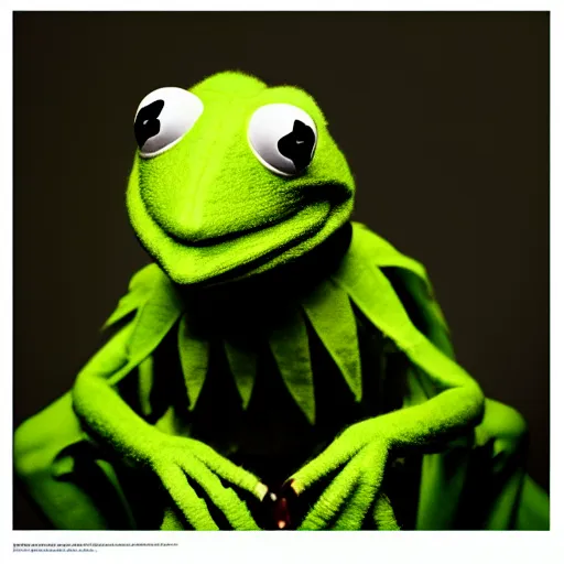 Image similar to a close - up portrait of kermit the frog in the style of martin schoeller, high quality photography