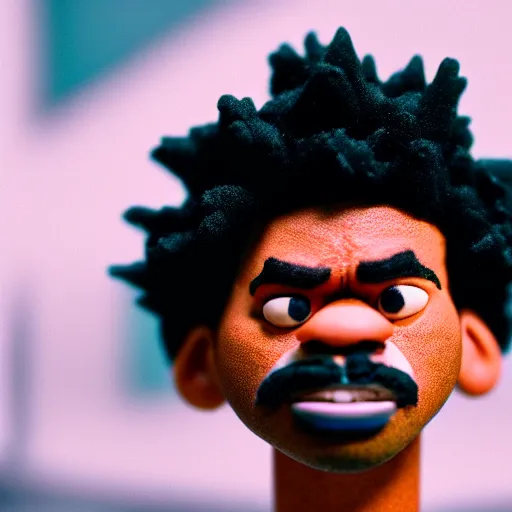 Image similar to a cinematic film still of a claymation stop motion film starring chance the rapper as a college student, shallow depth of field, 8 0 mm, f 1. 8