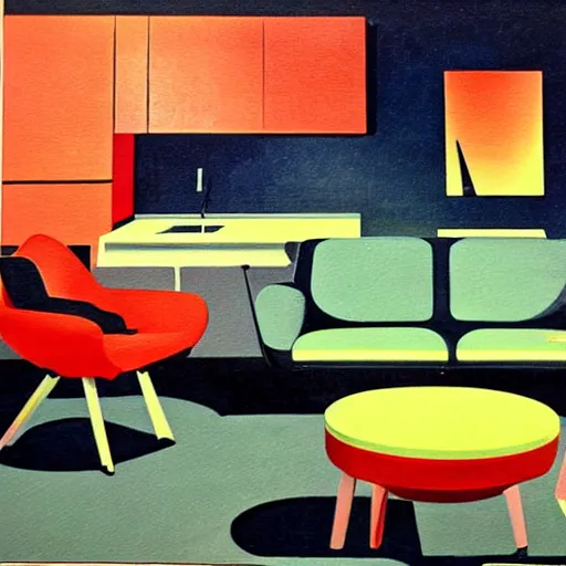 Image similar to futuristic mid century modern furniture and appliances, highly detailed painting