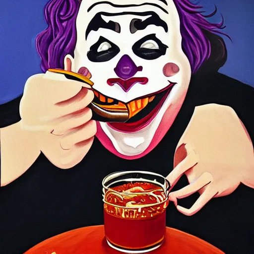 Prompt: painting of the morbidly obese joker drinking a jar of gravy, 8k, very intricate, very detailed, cinematic,