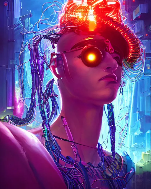 Prompt: a cyberpunk close up portrait of cyborg medusa, electricity, rainbow, snakes in hair, sparks, bokeh, soft focus, skin tones, warm, daylight, geometric, by unreal engine, paul lehr, jesper ejsing