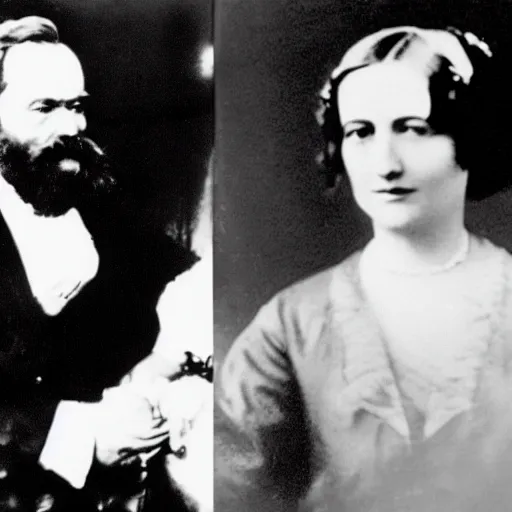 Image similar to Karl Marx and Ayn Rand, wedding photo, 1920, church backround