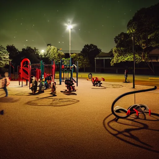 Image similar to nightmare beasts at a playground at night, photograph