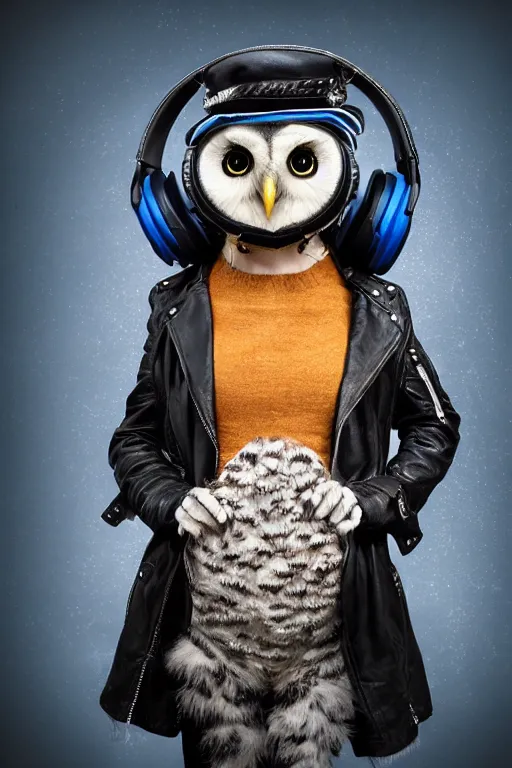 Prompt: cute owl wearing black biker jacket, portrait photo, backlit, studio photo, background colorful, tophat, kobalt blue, tophat, stone, headphones