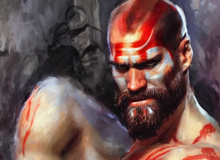 Image similar to a highly detailed beautiful portrait of jim carrey as kratos, by gregory manchess, james gurney, james jean