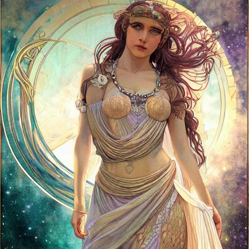 Prompt: Roman Goddess Queen by WLOP, symmetrical face, symmetrical body, artgerm, flowing hair, portrait, muted colors, artstation, character concept art, border and embellishments inspiried by alphonse mucha, fractals in the background, galaxy,