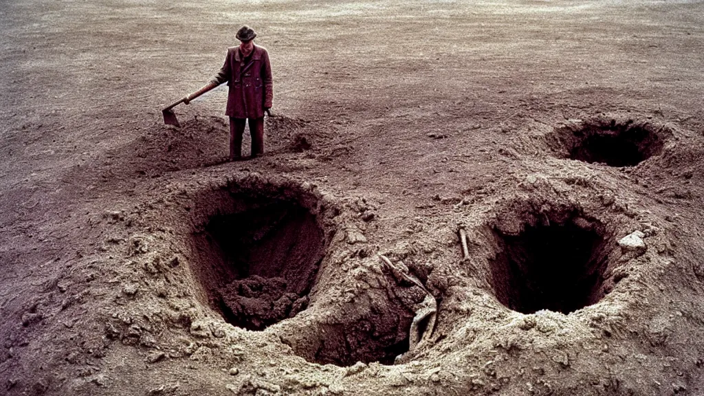 Image similar to a man digging himself out of a hole, film still from the movie directed by wes anderson with art direction by zdzisław beksinski and m. c. escher, wide lens