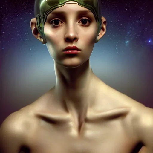 Image similar to A young beautiful female extraterrestrial-cyborg face with a very long neck, big clear eyes, thin nose, big lips, hair floating in the wind:: alien is from the future, Realistic, Refined, Detailed Digital Art, Oil Painting, William-Adolphe Bouguereau, Pre-Raphaelite,Renaissance, Highly Detailed, Cinematic Lighting, Unreal Engine, 8K