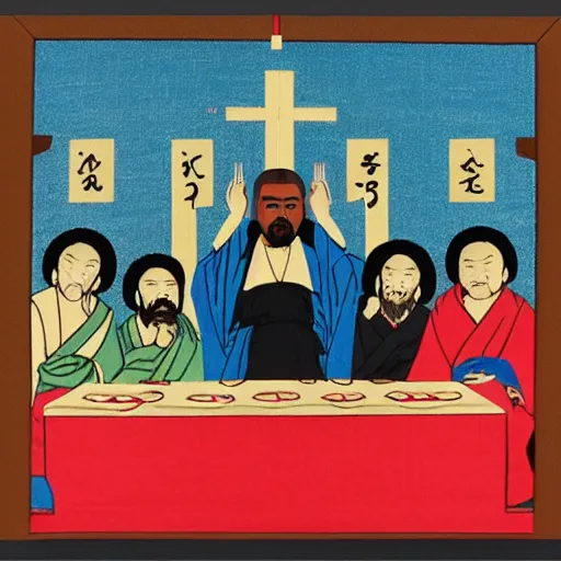 Image similar to Kanye at the last supper, Japanese woodblock art style